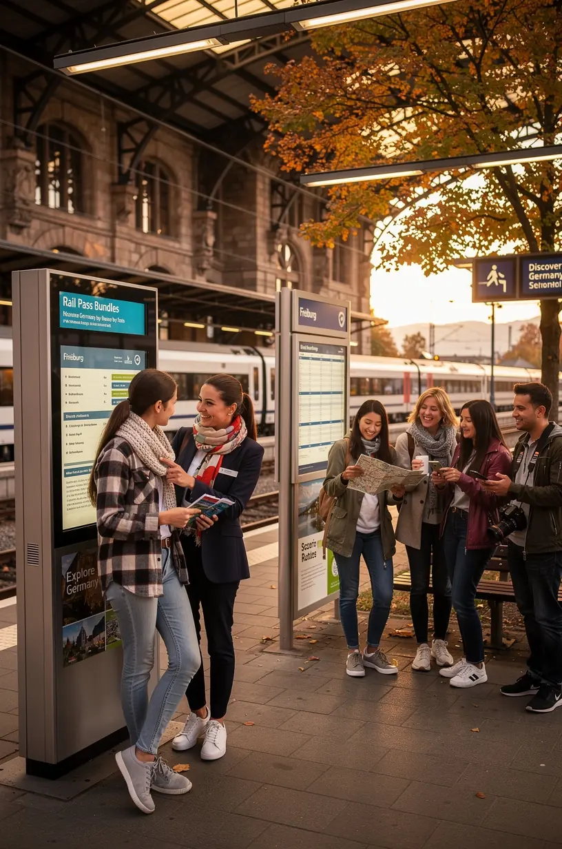 Illustration eines Zugfahrplans mit markierten Sehenswürdigkeiten entlang der Strecke, die eine gut organisierte und informative Reiseplanung darstellt.